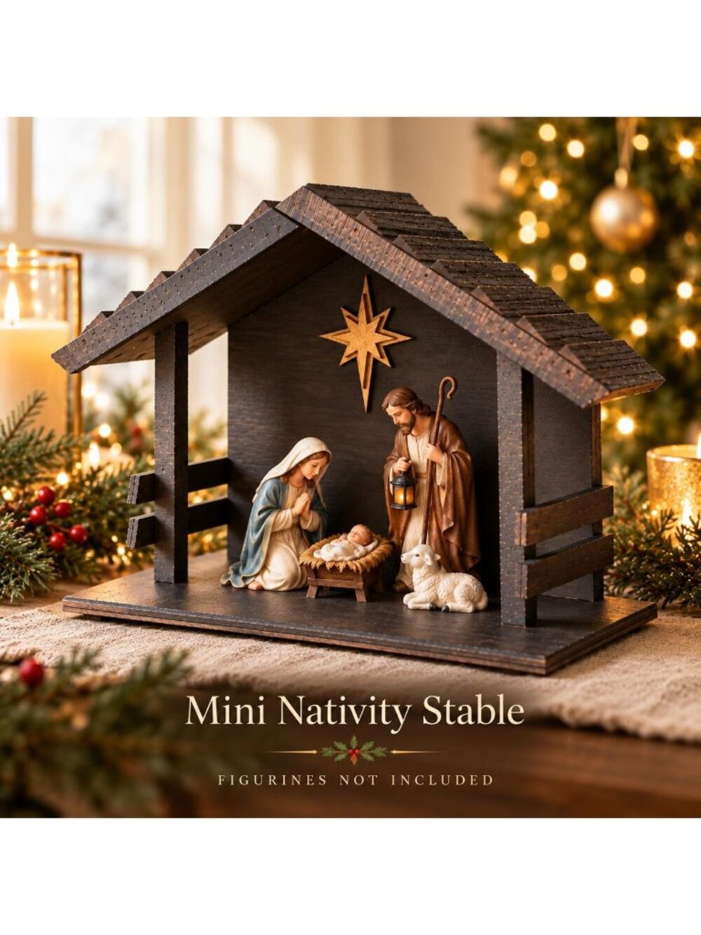 Mini Nativity Stable 10.5" Wooden Manger | Handcrafted Christmas Creche with Gol